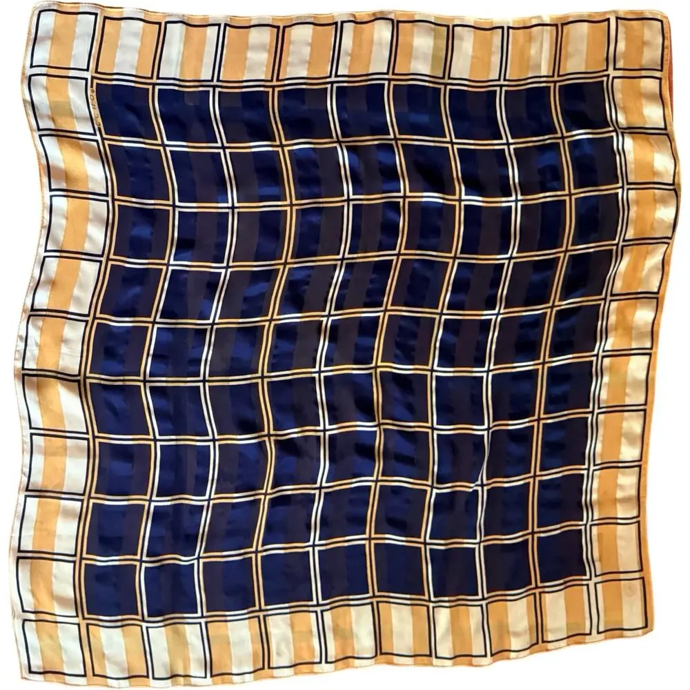 Vintage Echo Silk Scarf 1970s Navy Gold Cream Geometric Windowpane Plaid 30x30